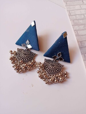 Rainvas blue triangular jhumka earrings with silver charm