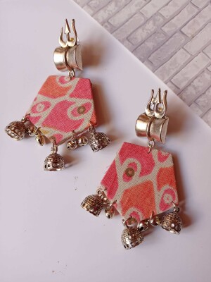 Rainvas orange printed floral trishul charm earrings
