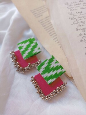 Rainvas Green and pink printed fabric earrings