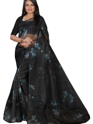 Shyam Silk Organza Black Blue Floral Digital Printed Fringe Lace Border Saree With Satin Unstitched Blouse Piece