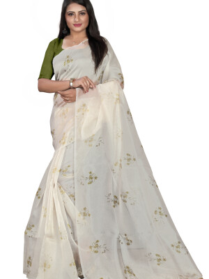 Shyam Silk Organza Light Yellow Floral Digital Printed Saree With Pearl Border and Banglori Unstitched Blouse Piece