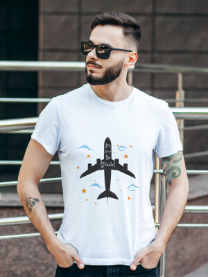 Men's Round Neck White Its' Time to Travel Printed Cotton T-shirt