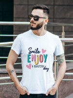 Men's Round Neck White Smile Enjoy a Beautiful Day Printed Cotton T-shirt