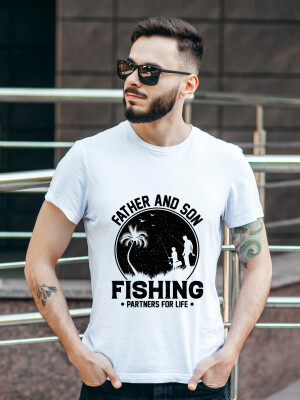 Men's Round Neck White Father and Son Fishing Printed Cotton T-shirt