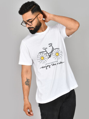 Men's Round Neck White Enjoy the Ride Printed Cotton T-shirt