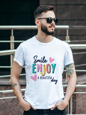 Men's Round Neck White Smile Enjoy a Beautiful Day Printed Cotton T-shirt