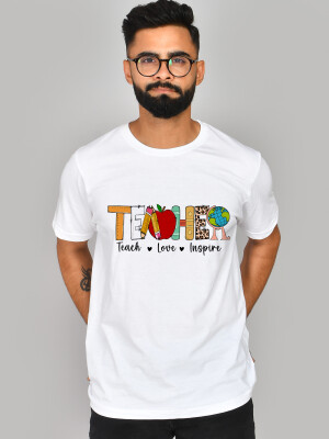 Men's Round Neck White Teacher Printed Cotton T-shirt