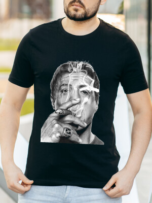 Dazzling Deer Men's Round Neck Black Half sleeve "Sylvester Stallone" Printed Cotton T-shirt- DDTS-32