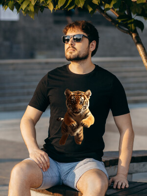 Dazzling Deer Men's Round Neck Black Half sleeve "Tiger" Printed Cotton T-shirt- DDTS-35