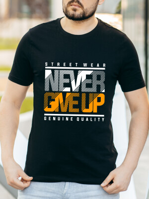 Dazzling Deer Men's Round Neck Black Half sleeve "Never Give Up" Printed Cotton T-shirt- DDTS-22