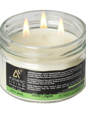 Aesthetic Living 3 wick Soy Wax Holy Basil Candle,a green alternative to paraffin wax.