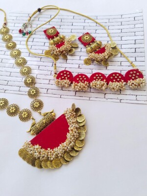 Red kundan and golden pearls beads necklace choker earrings set