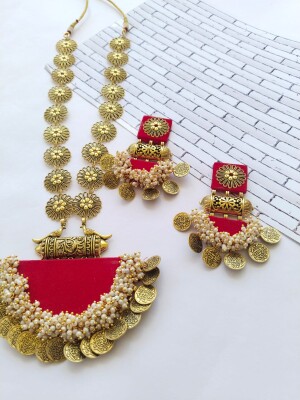 Pink and golden coin traditional necklace earrings set