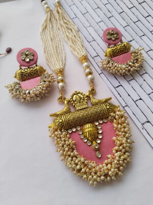 Gorgeous baby pink and golden fabric necklace and earrings set