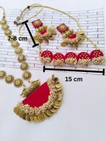 Red kundan and golden pearls beads necklace choker earrings set