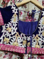 Flower print Sharara in raw silk with velvet blouse with gota work and soft net dupatta