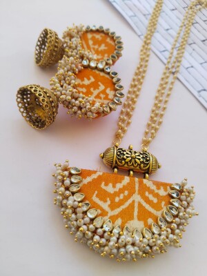 Rainvas yellow orange patola print ghantanmala beaded neclace and earrings set