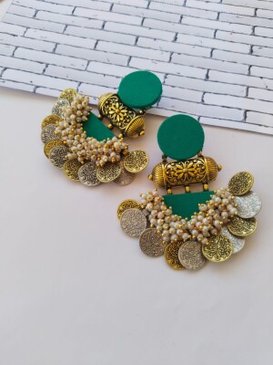 Rainvas Sea green silver and golden jhumka earrings