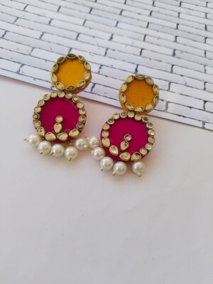 Rainvas Pink and yellow circular drop earrings with kundan