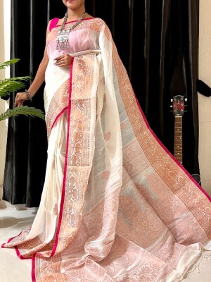 White Pure Lilen Handloom Benarashi Saree, Indian Traditional Sarees, Beautifully Designed Sarees, Lilen Handloom sarees