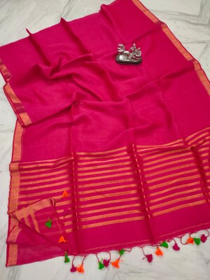 Pure linen pallu stripes with gold zari border handloom saree