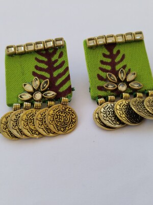 Rainvas Lime green fabric golden coin studs earrings