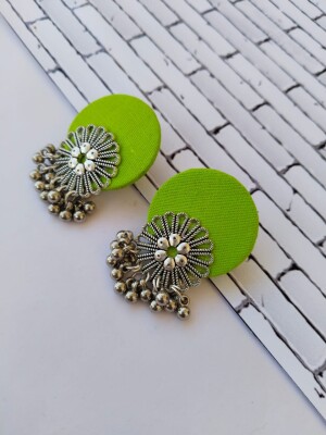 Rainvas Lime green flower silver ghungroo studs earrings