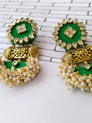 Rainvas Green with golden beads and pearls traditional earrings