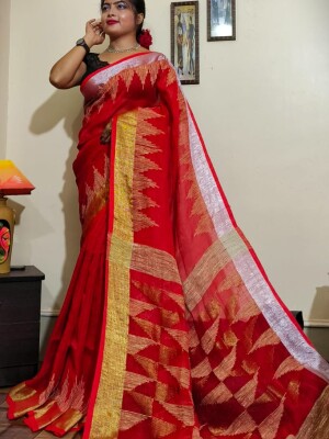 Pure linen temple motif handloom saree