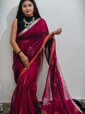 Pure linen Jamdani saree,Length of The Saree - 5.5 Mtr Width - 48"