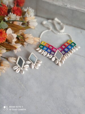 Vibrant  Rainbow Colors Diamond Necklace with magic of colors, mirrors, and shells