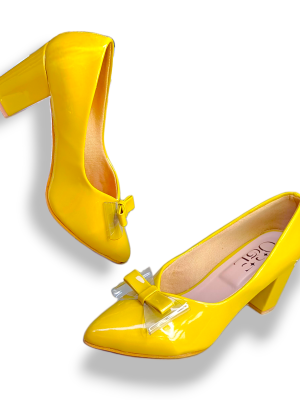 O&E Mustard Yellow Color High Block Heels Bellies for Girls and Women with Bow Embellishment - Anti-Slip TPR Sole