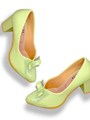 O&E Green Color High Block Heels Bellies for Girls and Women with Bow Embellishment - Anti-Slip TPR Sole | 3 inch Heel