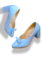 O&E Blue Color High Block Heels Bellies for Girls and Women with Bow Embellishment - Anti-Slip TPR Sole | 3 inch Heel