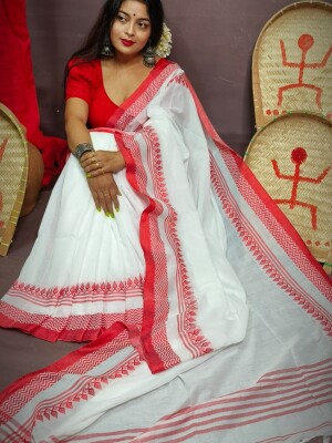 Pure cotton Handloom,Red &White Durga puja Saree