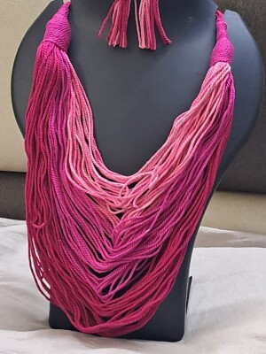 Exclusive, multilayered, handmade thread necklace with shades of pink