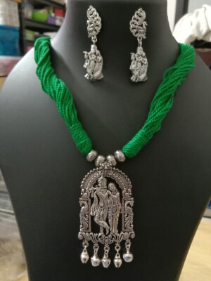 Handmade Thread Necklace with oxidised silver Radhakrishna pendant n matching earrings