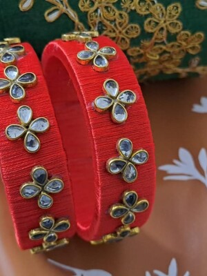 Exclusive Handmade red silk thread, Kundan bangles for wedding /festive season.