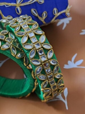Exclusive,Handmade,Green Silk thread bangles with Kundan for Karwachauth
