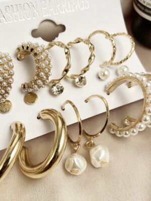 Set of 9 Gold Chunky Real Freshwear Pearls and Hoops Earrings