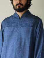 Teal curated high collar tuck yoke kurta pajama set