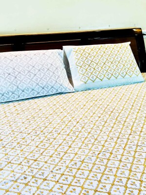 King size,Yellow Jaal Jaipuri Double Bed Sheet 108 inches x 108 inches in hand block print,with pillow covers