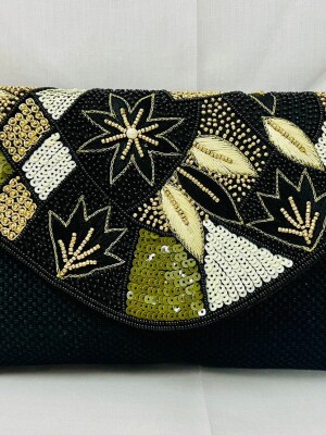 Black,Luxury Ladies Jute pearl beaded Clutch, Handbag.