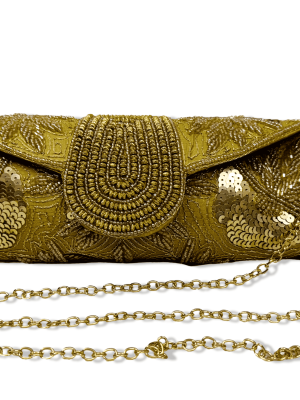 Gold Dosa Clutch,Crafted from luxurious cotton silk, it exudes refinement with intricate embroidery and a detachable chain strap for versatility.