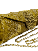 Gold Dosa Clutch,Crafted from luxurious cotton silk, it exudes refinement with intricate embroidery and a detachable chain strap for versatility.