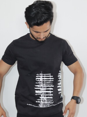 Mesh,black t-shirt featuring a unique white hashing line design