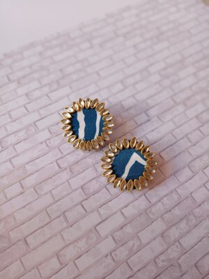 Rainvas Blue printed fabric kundan studs earrings