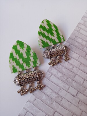 Rainvas Light Green printed fabric ghungroo earrings