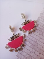 Rainvas Pink semi circular peacock silver oxidised earrings