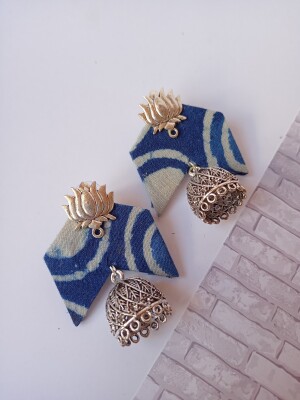 Rainvas Blue printed fabric lotus charm jhumka earrings